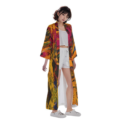 “Golden Flux”  Women's Long Satin Kimono Robe