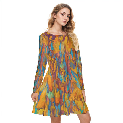 “Gilded Pathways” Women's Round Neck Dress|190GSM Cotton
