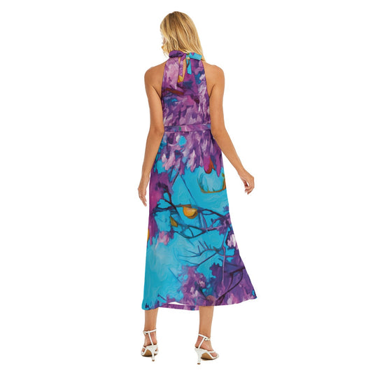 “Jacaranda Season” (Cobalt) Women's Wrap Hem Belted Halter Dress