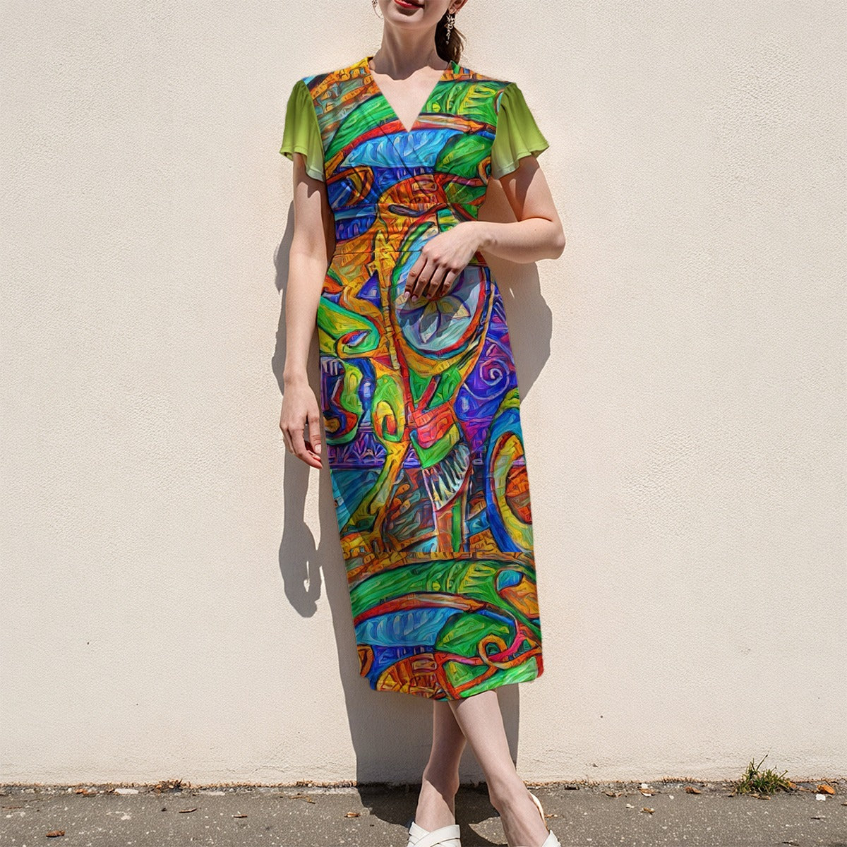 “Tropical Kaleidoscope” Women's V-Neck Flutter Sleeve Midi Dress