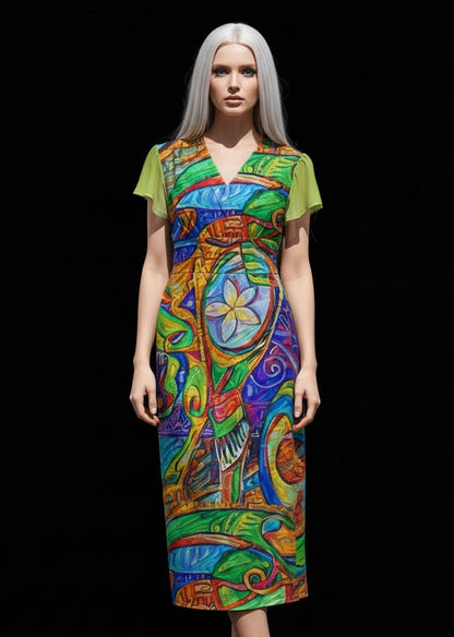 “Tropical Kaleidoscope” Women's V-Neck Flutter Sleeve Midi Dress