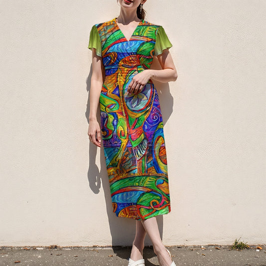 “Tropical Kaleidoscope” Women's V-Neck Flutter Sleeve Midi Dress