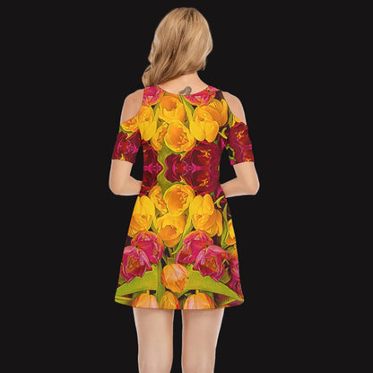 “Radiant Harmony” Women's Cold Shoulder Dress | 190GSM Cotton
