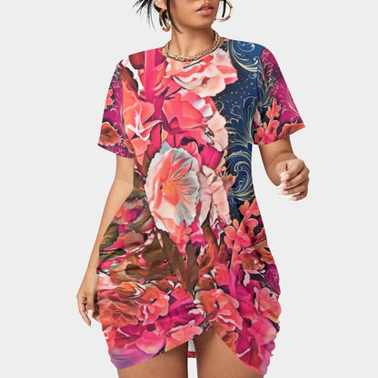 “Celestial Bloom” Women’s Stacked Hem Dress With Short Sleeve（Plus Size）