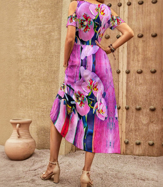 “Pink Orchid” V-neck Off-shoulder Dress