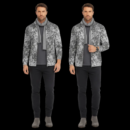 “Verdant Tapestry- Grey” Men's Lapel T-shirt With Neckline Zipper Closure