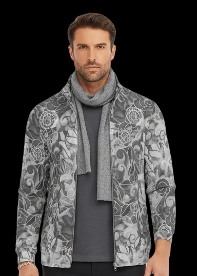 “Verdant Tapestry- Grey” Men's Lapel T-shirt With Neckline Zipper Closure