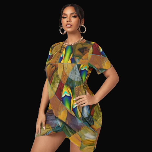 “Earthen Tessellation” Women’s Stacked Hem Dress With Short Sleeve（Plus Size）