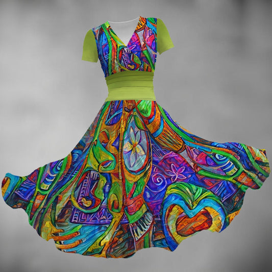 “Tropical Kaleidoscope” Short Sleeve V Neck Midi Dress