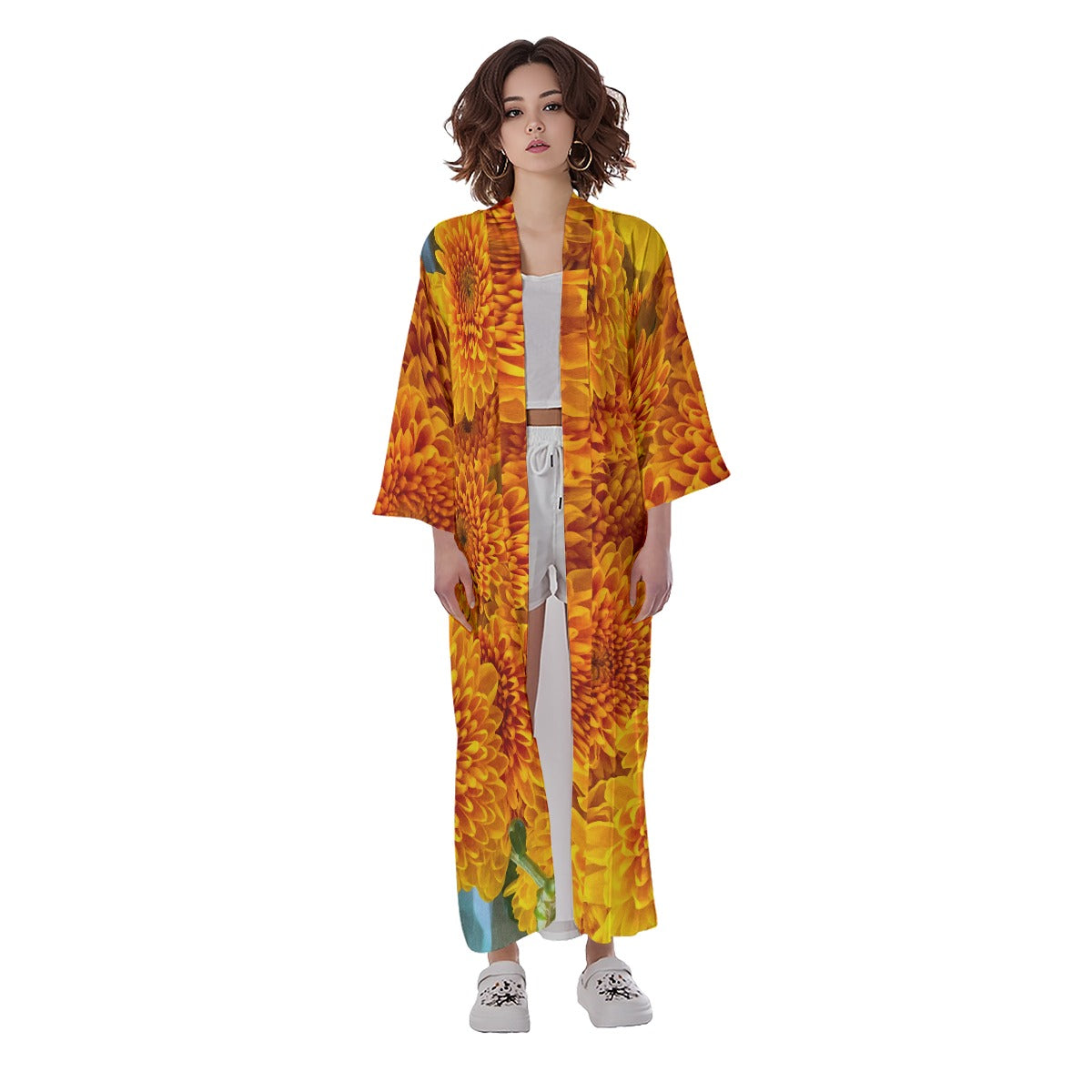 “Orange Chrysanthemum” Women's Long Satin Kimono Robe