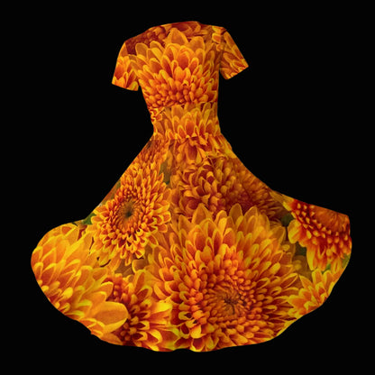 “Orange Chrysanthemum” Women's Short Sleeve V Neck Midi Dress