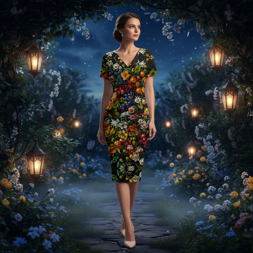 “Midnight Garden” Women's V-neck pleated dress