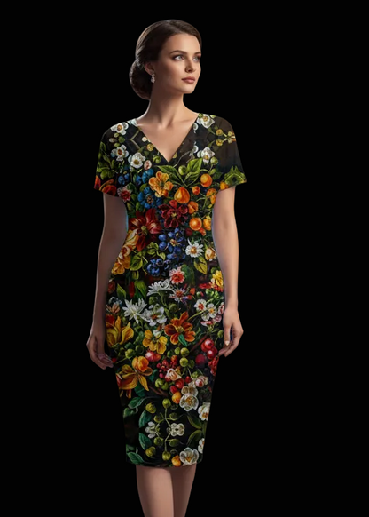 “Midnight Garden” Women's V-neck pleated dress