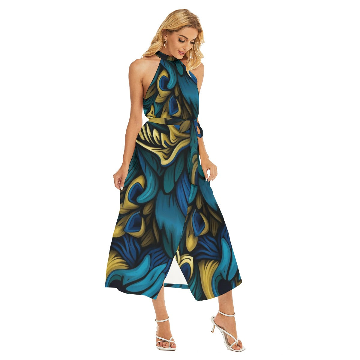 “Sapphire Swirl” Women's Wrap Hem Belted Halter Dress