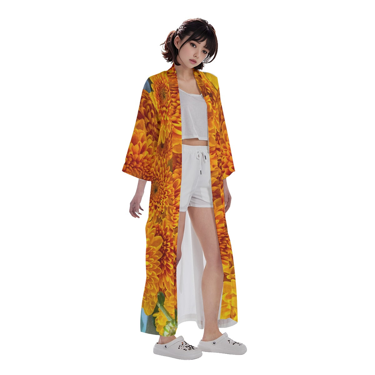 “Orange Chrysanthemum” Women's Long Satin Kimono Robe