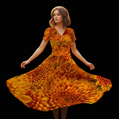 “Orange Chrysanthemum” Women's Short Sleeve V Neck Midi Dress
