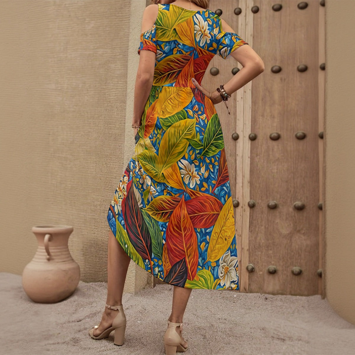 “Botanical Rhapsody”  Women's V-neck Off-shoulder Dress