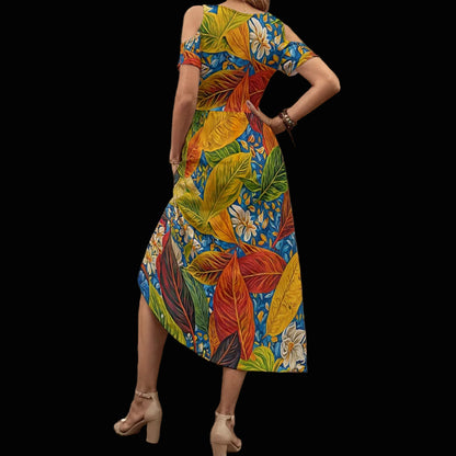 “Botanical Rhapsody”  Women's V-neck Off-shoulder Dress