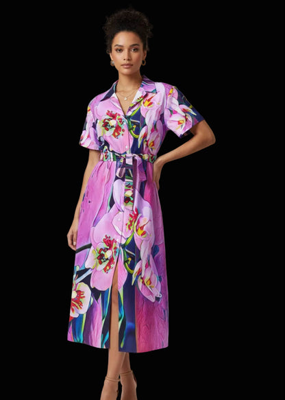 “Pink Orchid” Shirt Dress with Waist Tie