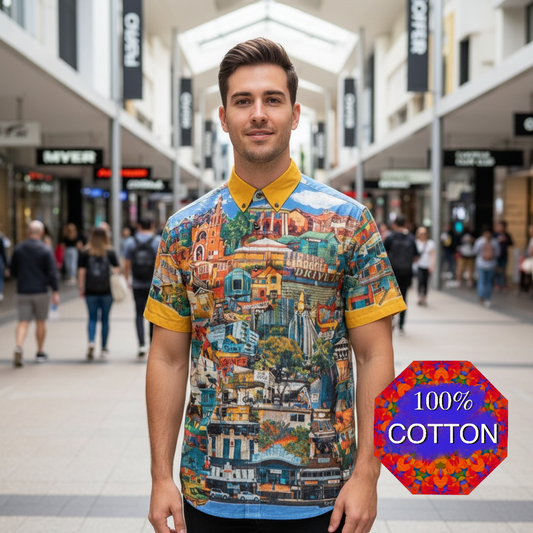 “Southside Brizvegas” (Yellow) Men's Breathable Cotton Shirt|125GSM