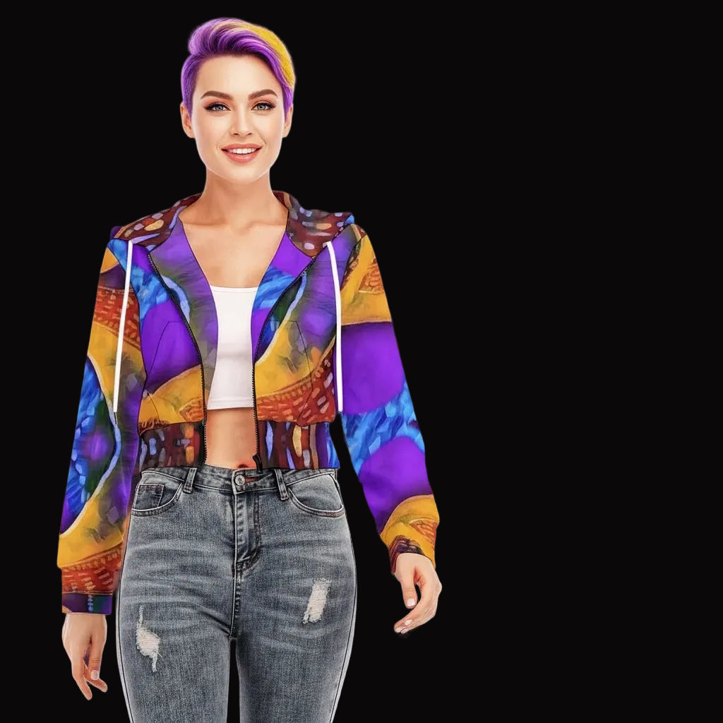 “Colour Vortex” Women's Crop Top Hoodie With Zipper Closure