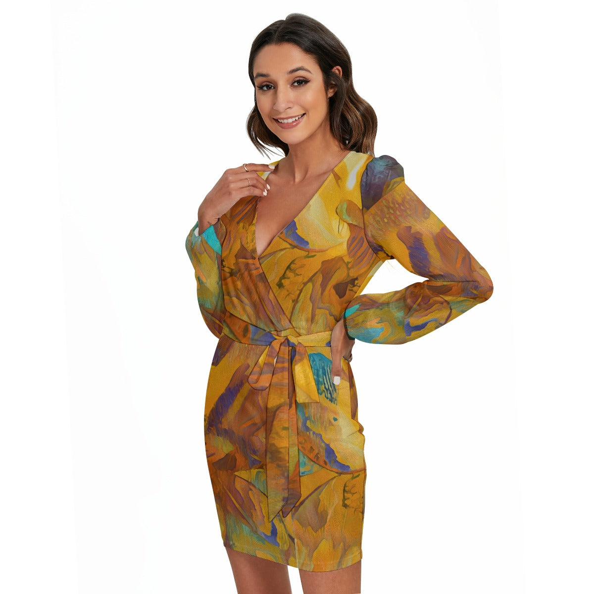 “Mirage” Women's Long Sleeve Dress With Waist Belt