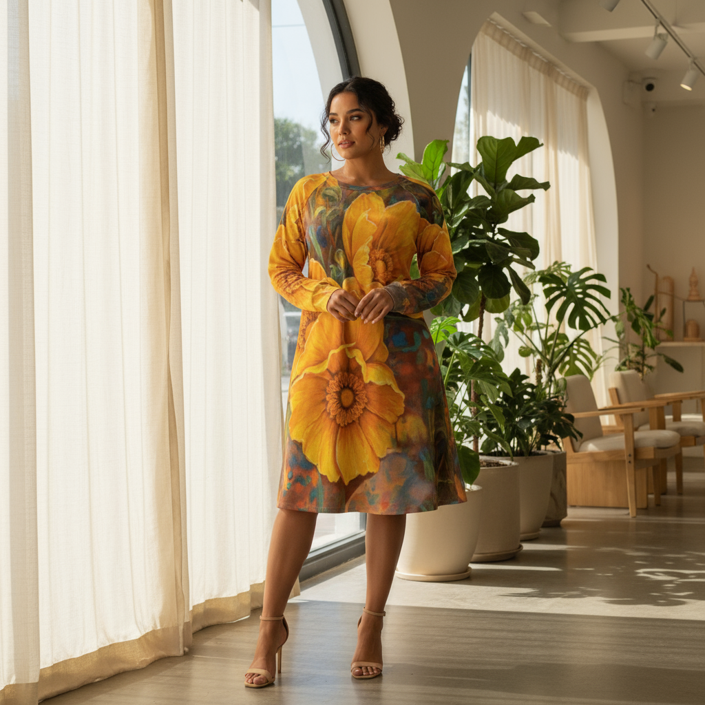 “Golden Cascade” Women's Dress With Raglan Sleeve(Plus Size)