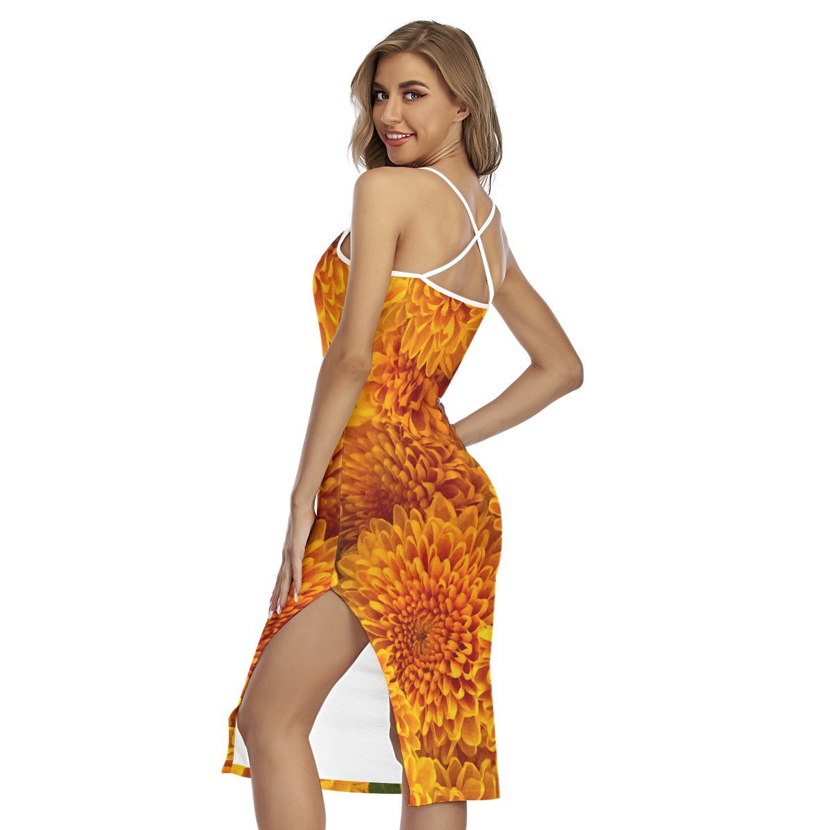 “Orange Chrysanthemum” Women's Back Cross Cami Dress