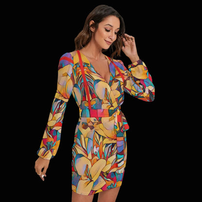 “Fragmented Bloom”  Women's Long Sleeve Dress With Waist Belt
