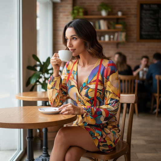 “Fragmented Bloom”  Women's Long Sleeve Dress With Waist Belt