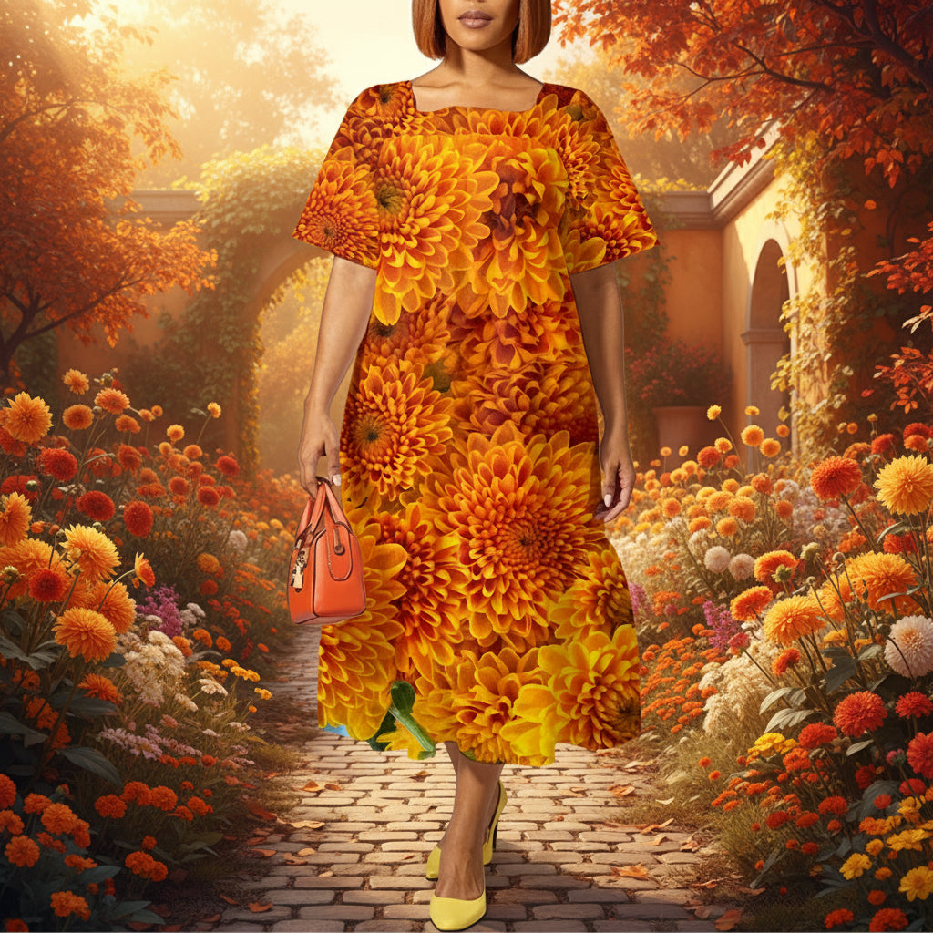 “Orange Chrysanthemum” Women's Elegant Long Dress