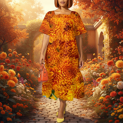 “Orange Chrysanthemum” Women's Elegant Long Dress