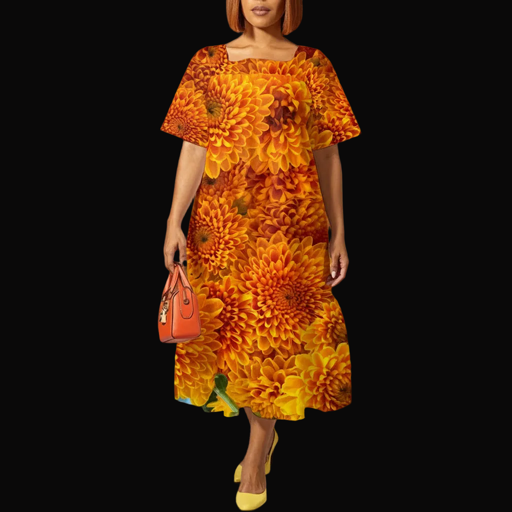 “Orange Chrysanthemum” Women's Elegant Long Dress