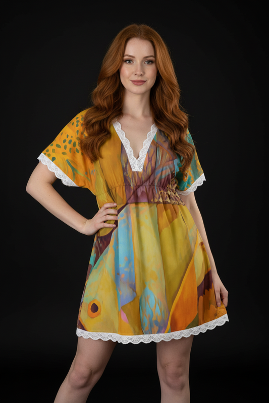 “Aqua Landscape” Women's Lace Edge Sleepwear With Bat Sleeve