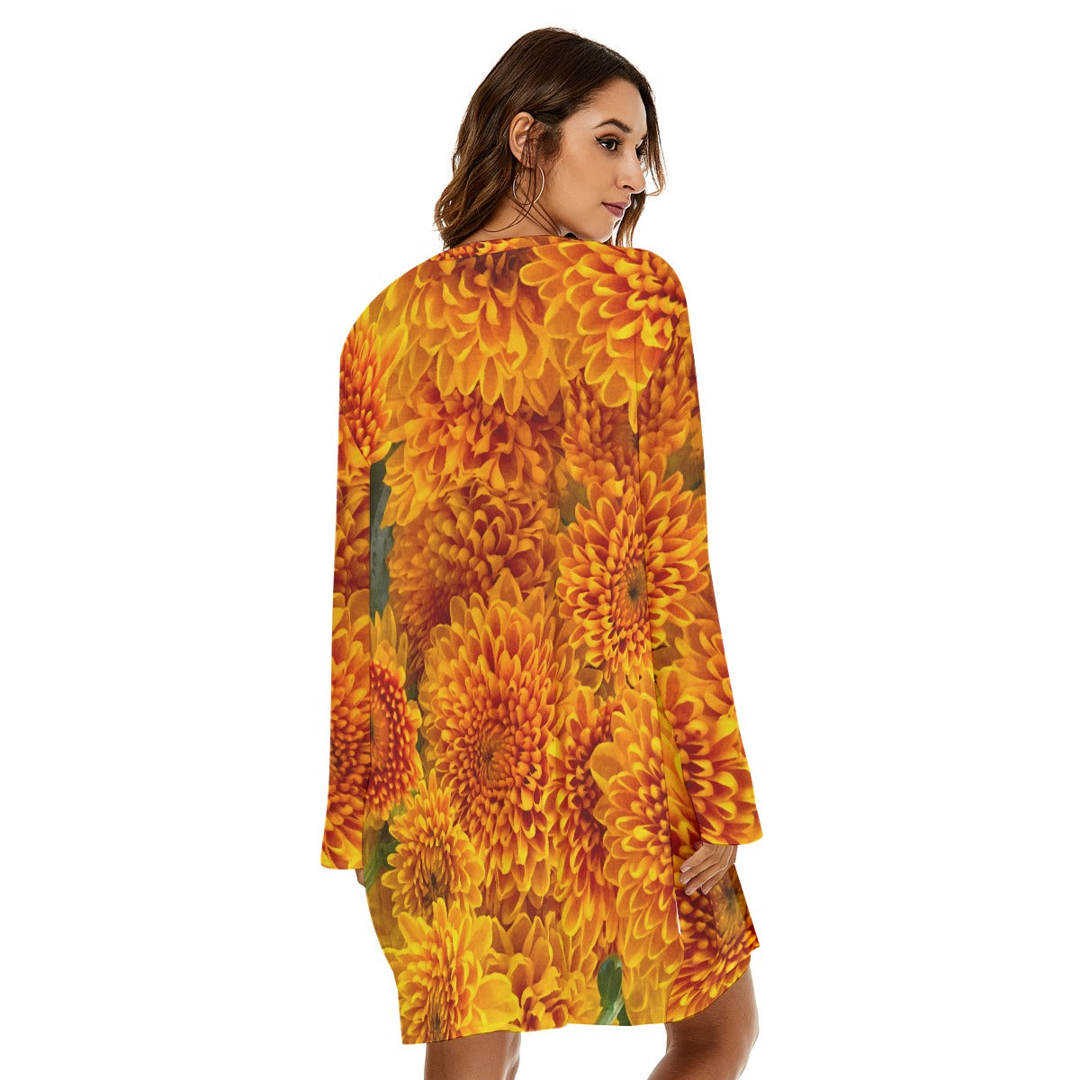 “Orange Chrysanthemum” Women's Loose Crew Neck Dress