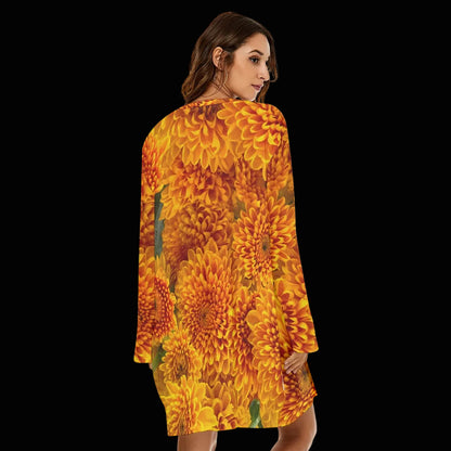 “Orange Chrysanthemum” Women's Loose Crew Neck Dress