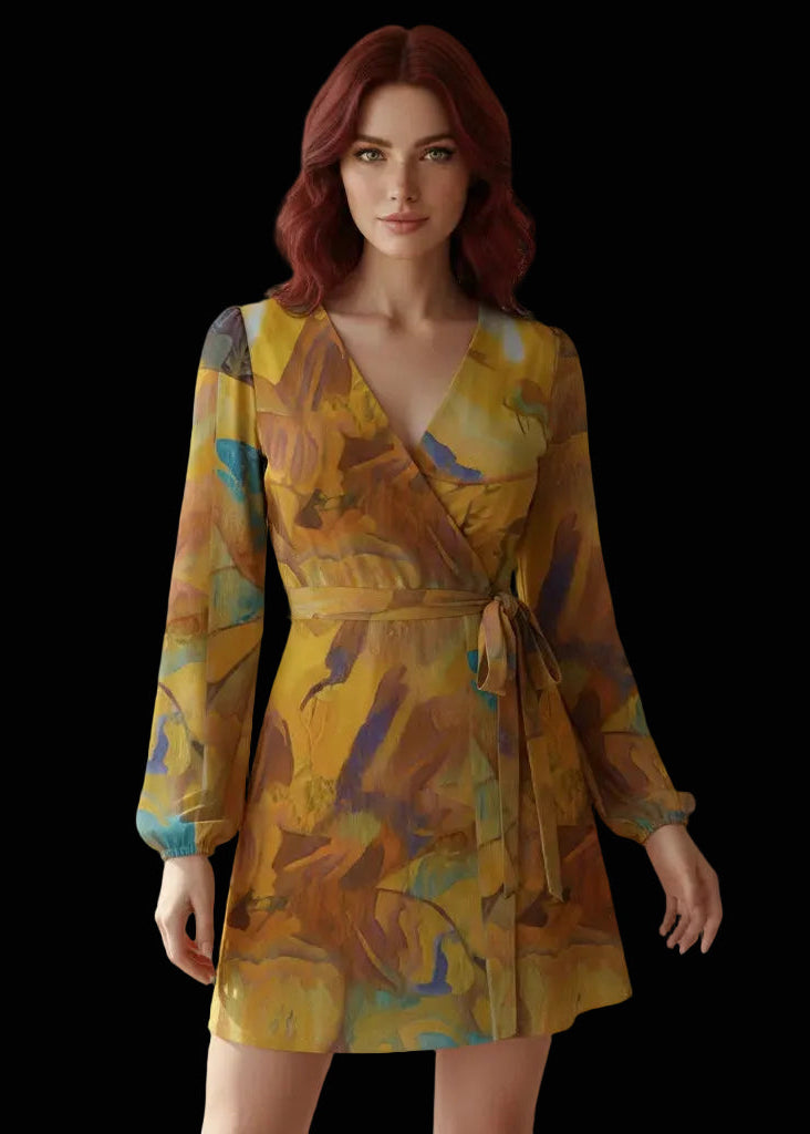 “Mirage” Women's Long Sleeve Dress With Waist Belt