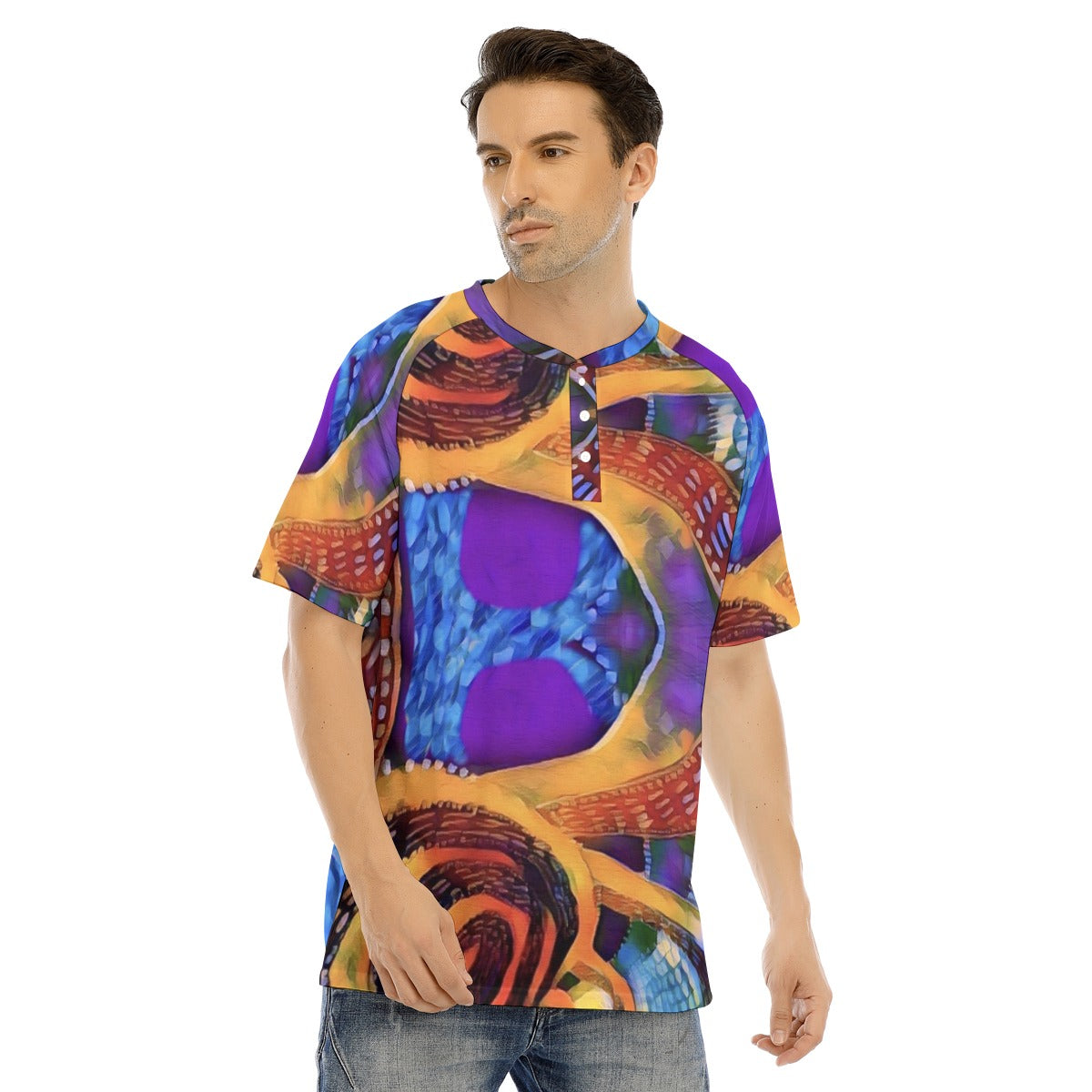 “Colour Vortex” Men's Raglan Sleeve T-shirt With Button Closure