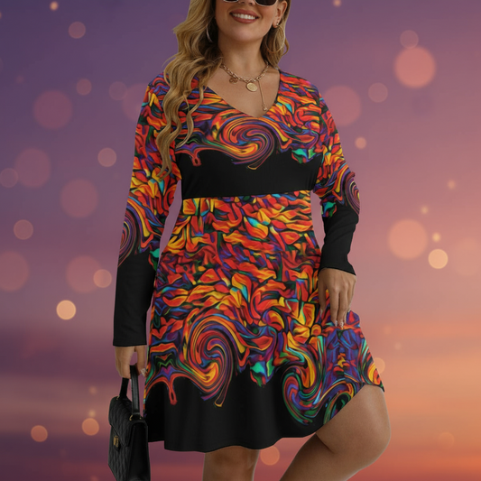 “Inferno” Women's V-neck Long Sleeve Dress(Plus Size)