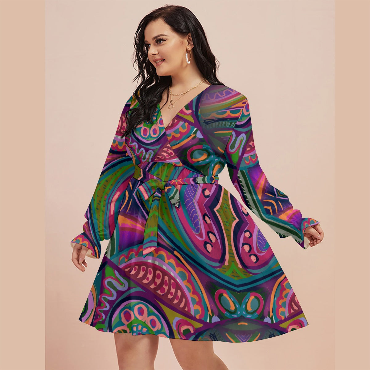 “Colour Burst”  Women's V-neck Dress With Waistband(Plus Size)