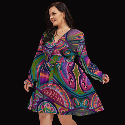 “Colour Burst”  Women's V-neck Dress With Waistband(Plus Size)