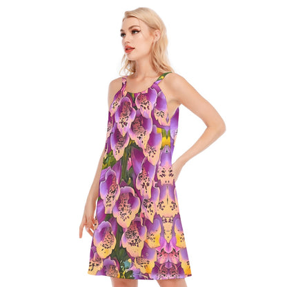 “Foxglove Cascade“ Women's O-neck Cami Dress | 190GSM Cotton