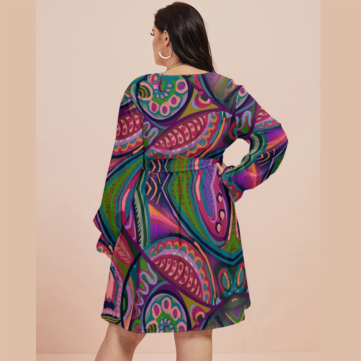 “Colour Burst”  Women's V-neck Dress With Waistband(Plus Size)
