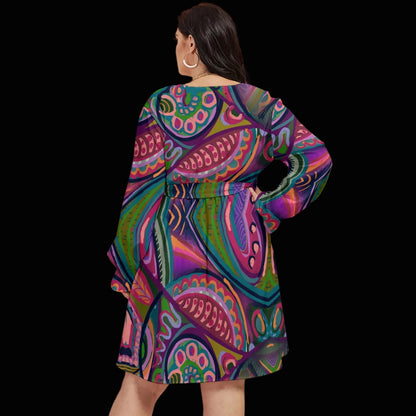 “Colour Burst”  Women's V-neck Dress With Waistband(Plus Size)