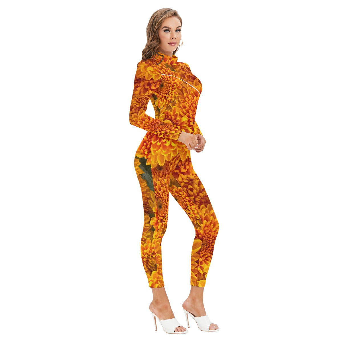 “Orange Chrysanthemum” Women's Long-sleeved High-neck Jumpsuit With Zipper