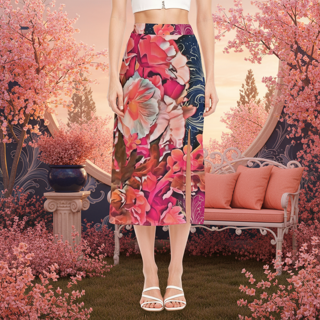 “Celestial Bloom” Women's High-Waisted Slit Midi Skirt