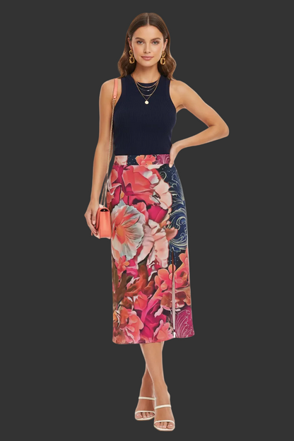 “Celestial Bloom” Women's High-Waisted Slit Midi Skirt