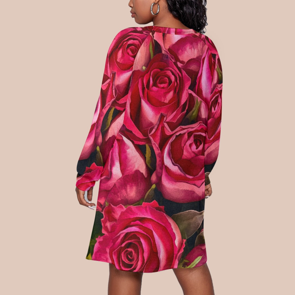 “Rose Red” Women's Dress With Raglan Sleeve(Plus Size)