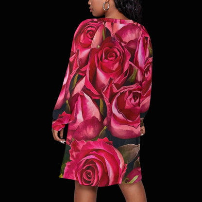 “Rose Red” Women's Dress With Raglan Sleeve(Plus Size)