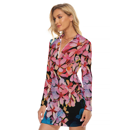 “Pink India Hawthorn” Women's Zip Front Tight Dress